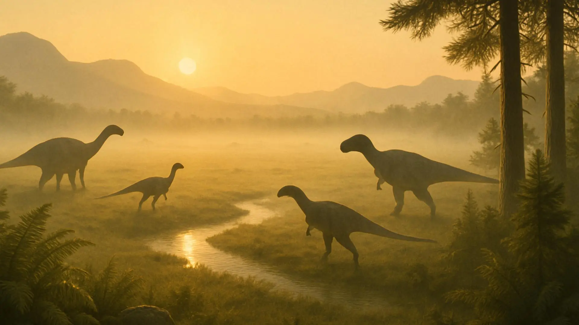 Paisaje del Mesozoico con siluetas de dinosaurios junto a un río bajo la luz del amanecer.