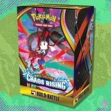 The Pokémon TCG Mega Evolution — Chaos Rising Build & Battle Box on a green background