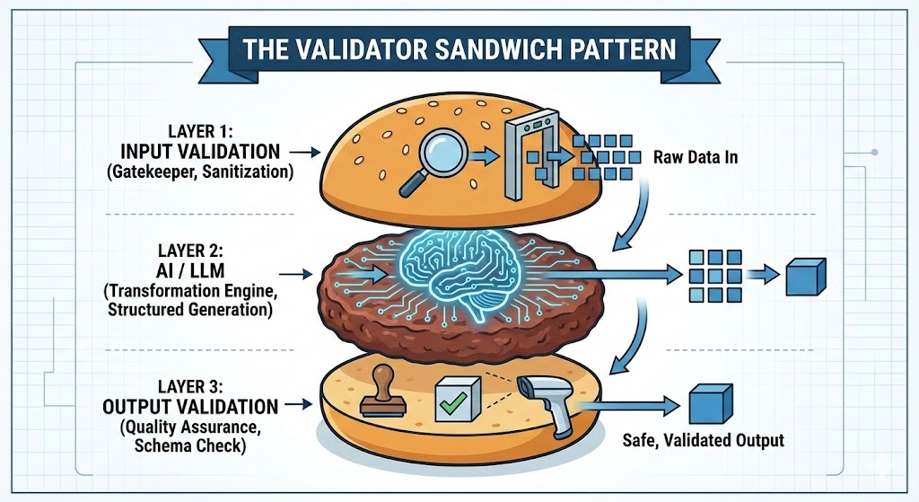 Diagram showing three layers of the Validator Sandwich Pattern: Input Guardrails (top bun), LLM Processing (meat), and Output Guardrails (bottom bun) with arrows showing data flow