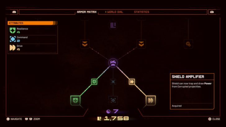 The game interface displays an Armor Matrix skill tree with attributes showing 'Resilience 4,' 'Command 2,' and 'Drive 4,' with text detailing the 'Shield Amplifier' ability to trap and draw power from corrupted projectiles.