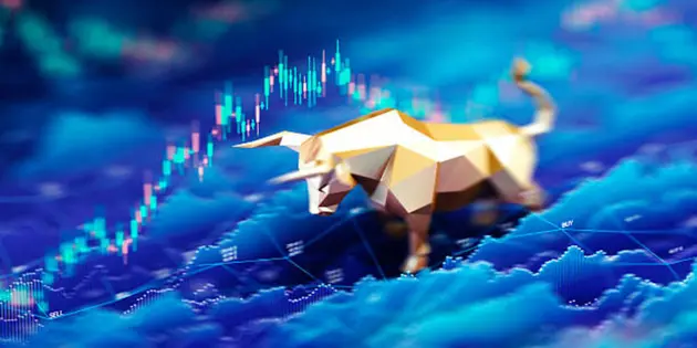 Bull Market Concept with Digital Stock Chart and Golden Bull Figurine