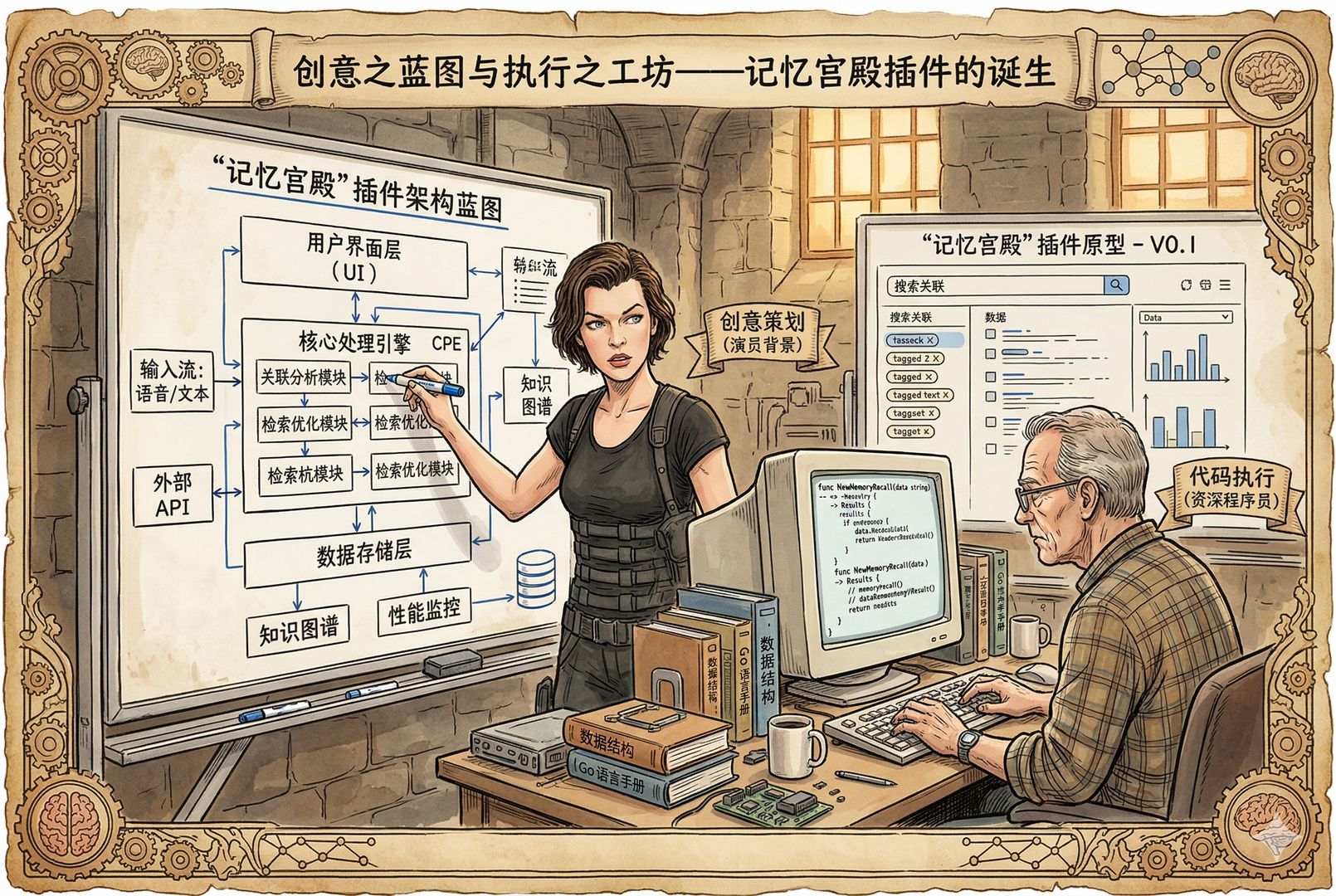 一位有演员背景的女性在白板前画出产品架构图,旁边一位资深程序员坐在电脑前把思路实现成代码,屏幕上显示“记忆宫殿”插件原型,体现创意与执行分工,羊皮纸,钢笔彩色手绘的统一风格。