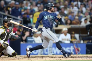 SAN DIEGO, CALIFORNIA - APRIL 16: Brendan Donovan #33 of the Seattle Mariners singles in the sixth inning against the San Diego Padres at Petco Park on April 16, 2026 in San Diego, California. (Photo by Sean M. Haffey/Getty Images)