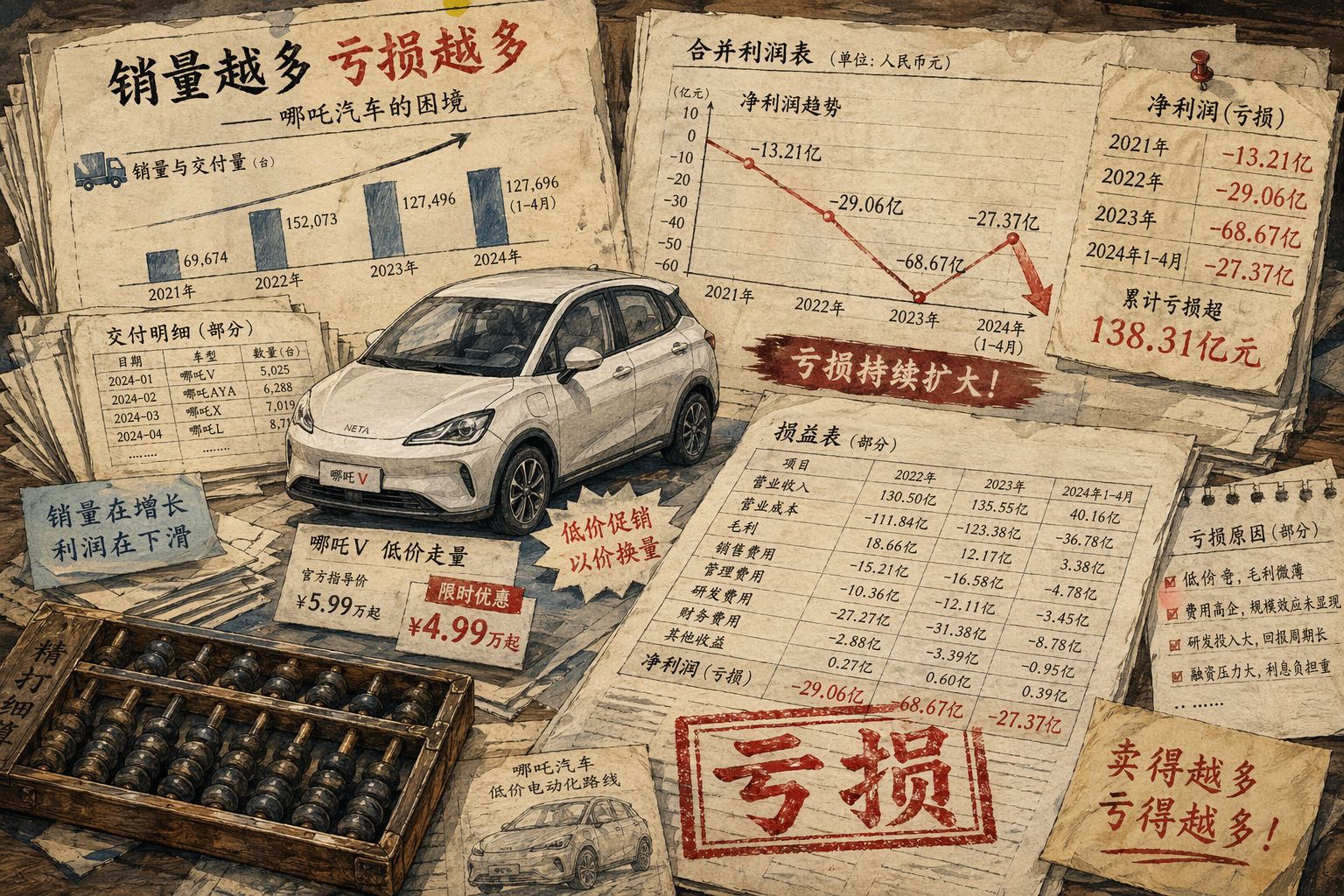 财务报表、下降的折线图、堆叠的亏损数字和一辆低价电动车并置在桌面上,算盘与红色亏损印章形成强烈对比,突出“卖得越多亏得越多”的困局,羊皮纸,钢笔彩色手绘的统一风格。
