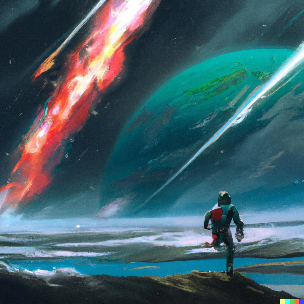 “Running at the edge of space, toward a planet, calm, reaching the abyss, digital art”, generated by DALL·E 2