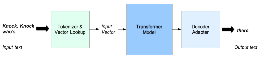 Diagram of Transformer model architecture showing steps from input text through tokenizer and vector lookup to encoder and de
