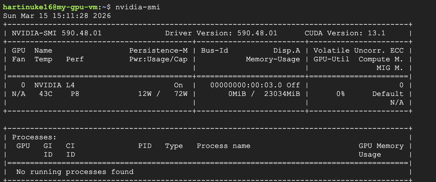 Output from the Nvidia-SMI command showing Driver and CUDA Version
