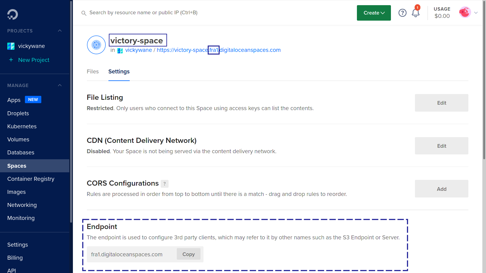 Victory-space endpoint, name, and region