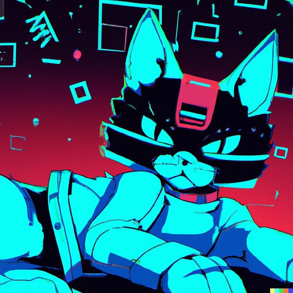 “Cyberpunk cat, 90s Japan anime style” generated by DALL·E 2