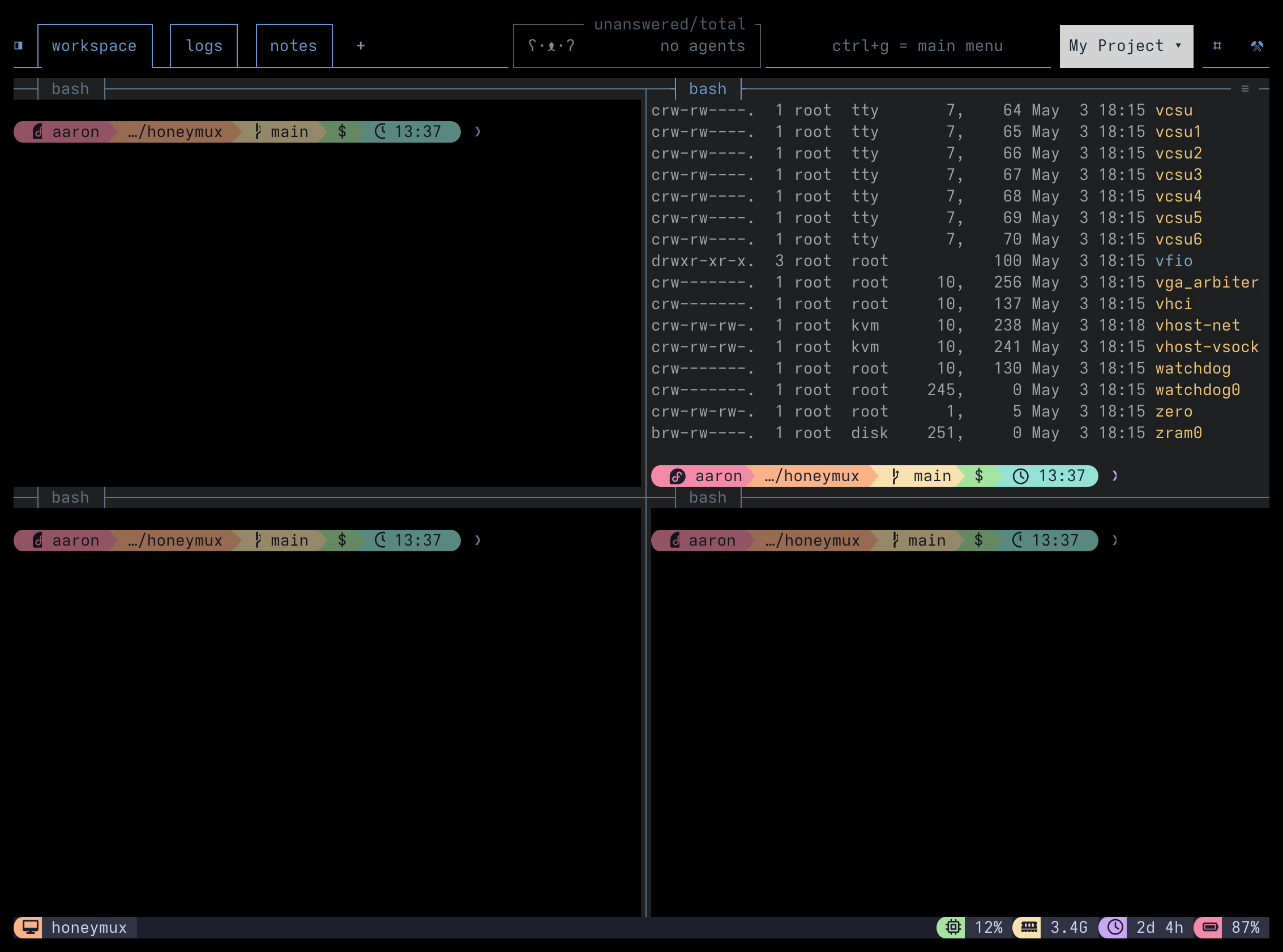 Four tmux panes in a 2x2 grid; the upper-right pane shows a truncated ls -l /dev listing