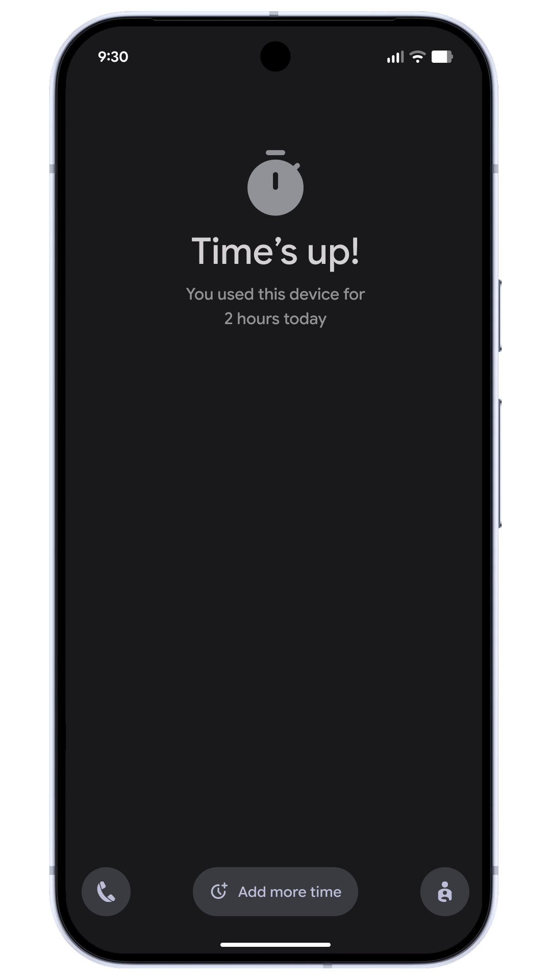 ‘Time’s up!’ notification received when 2 hour screen time is reached