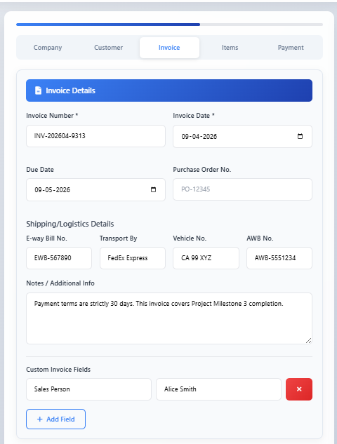 Invoice details form showing invoice number, invoice date, due date, and additional notes fields