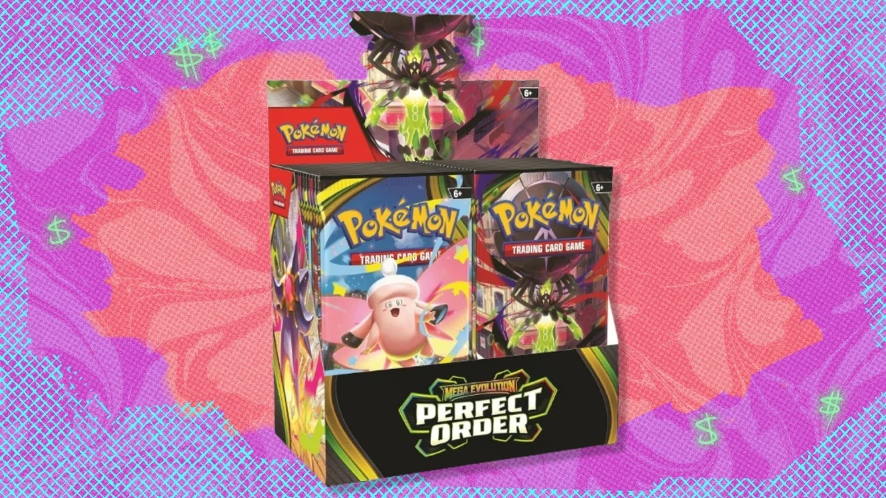 The Pokémon TCG: Perfect Order Booster Box on a purple, red, and blue background