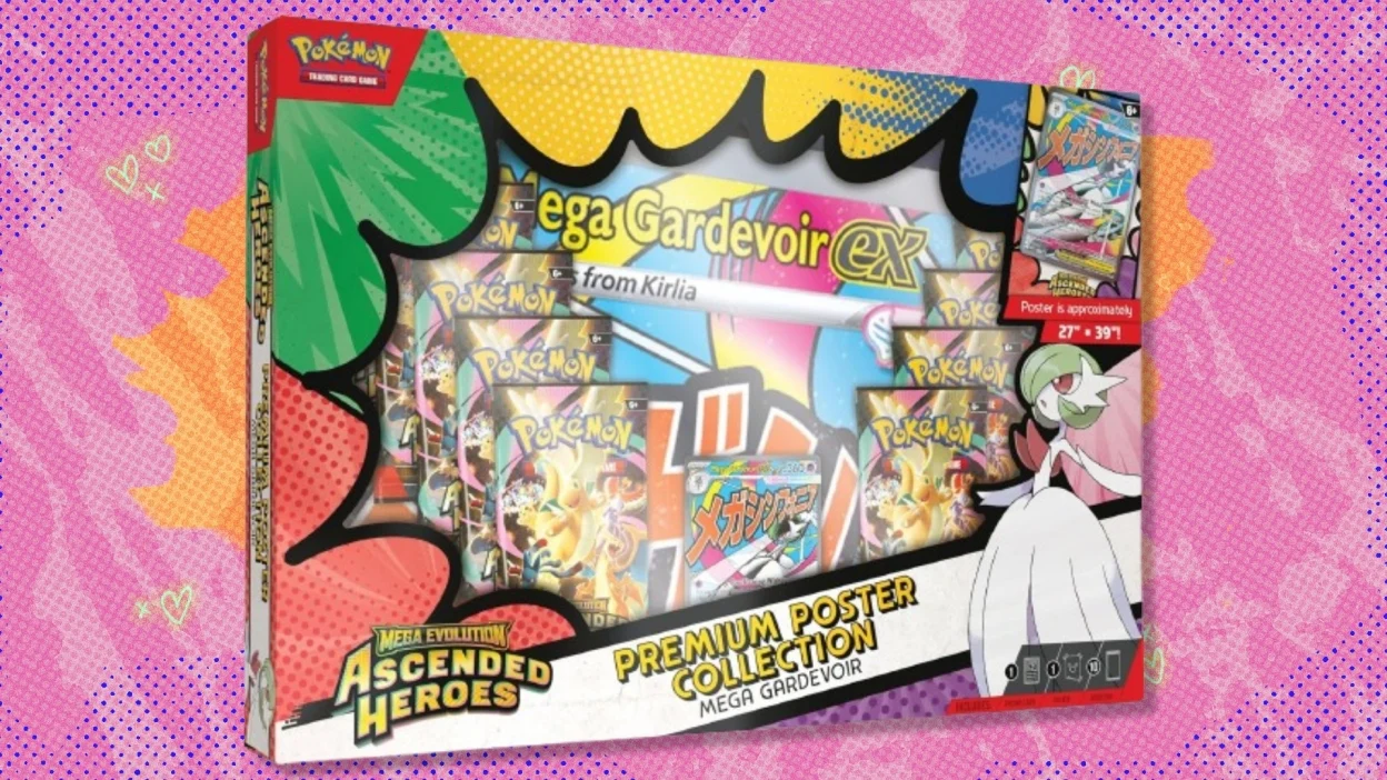 Pokémon TCG: Ascended Heroes Premium Poster Collection (Mega Gardevoir edition) on a orange and red background