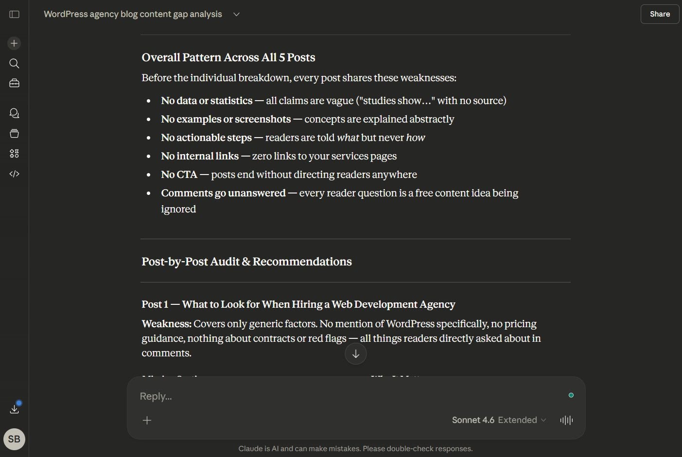 Screenshot of Claude generated recommendations for improving existing blog posts.