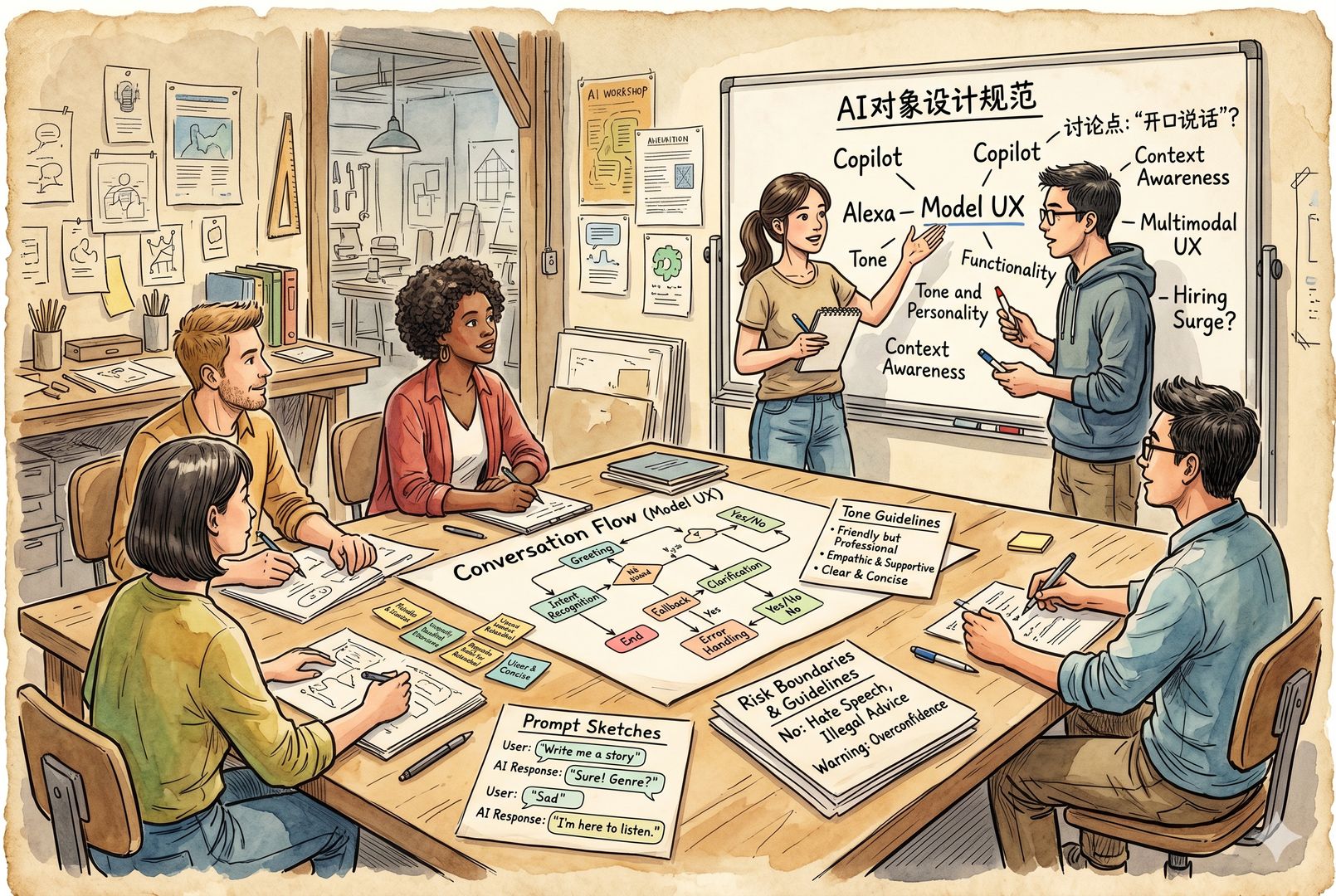 人与 AI 对话界面的设计工坊,桌上摆着对话流程图、语气规范卡片、提示词草图和风险边界说明,设计师与工程师围绕一块写着 Copilot、Alexa、Model UX 的白板讨论产品如何开口说话,羊皮纸,钢笔彩色手绘的统一风格。