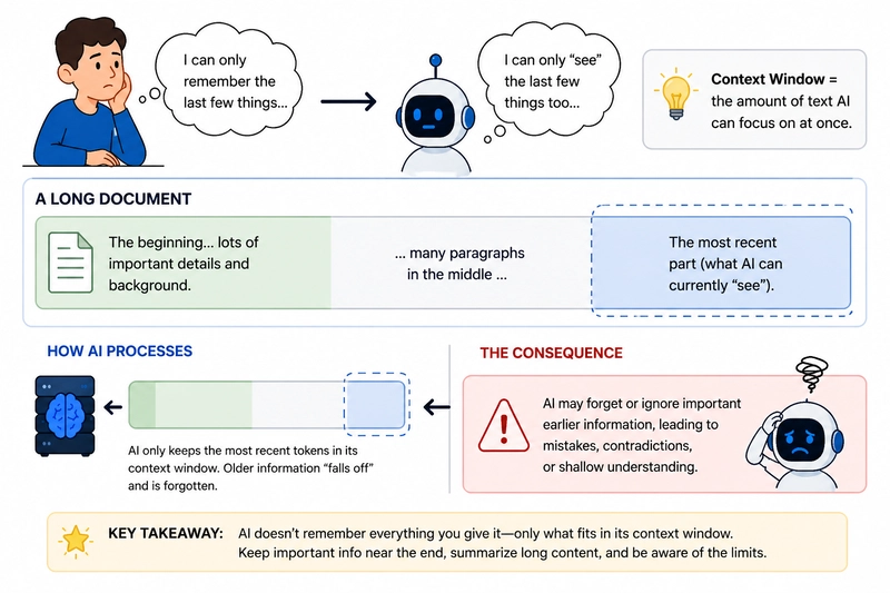 A long document where only the most recent section is highlighted, showing AI can only focus on the latest information and forget earlier parts