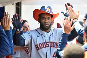 CLEVELAND, OH - APRIL 22: Yordan Alvarez #44 of the Houston Astros celebrates with teammates in the dugout after hitting a two-run home run in the first inning during the game between the Houston Astros and the Cleveland Guardians at Progressive Field on Wednesday, April 22, 2026 in Cleveland, Ohio. (Photo by Grace Hoppel/MLB Photos via Getty Images)
