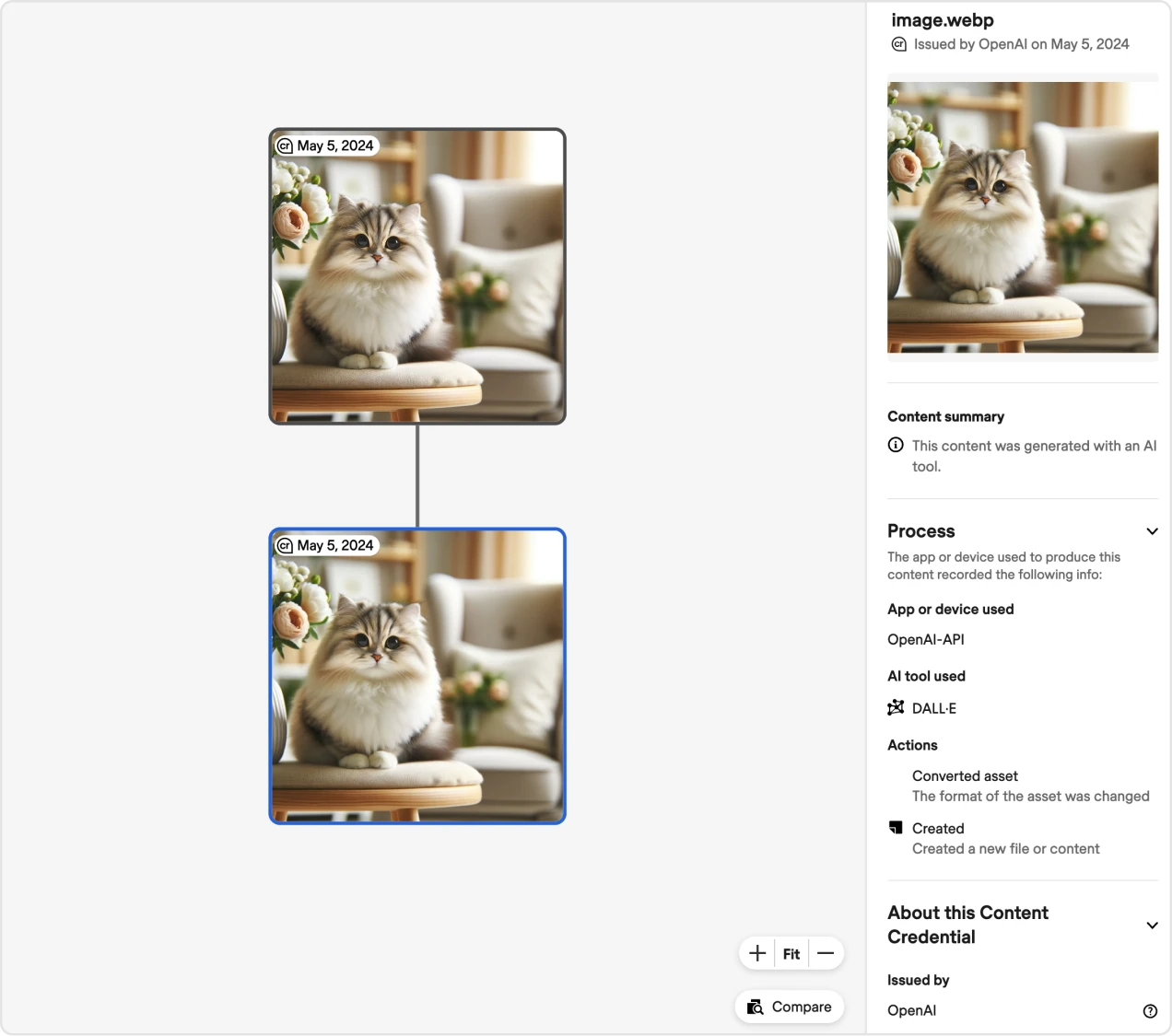 A screenshot showing a fluffy cat sitting on a chair in a cozy room. The right panel details the image's creation, noting it was generated by OpenAI’s DALL-E, with file format changes to webp. The timeline shows the image creation on May 5, 2024.