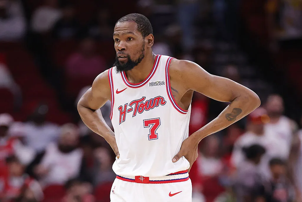 HOUSTON, TEXAS - APRIL 10: Kevin Durant #7 of the Houston Rockets looks on against the Minnesota Timberwolves during the second half at Toyota Center on April 10, 2026 in Houston, Texas. NOTE TO USER: User expressly acknowledges and agrees that, by downloading and or using this photograph, User is consenting to the terms and conditions of the Getty Images License Agreement. (Photo by Alex Slitz/Getty Images)