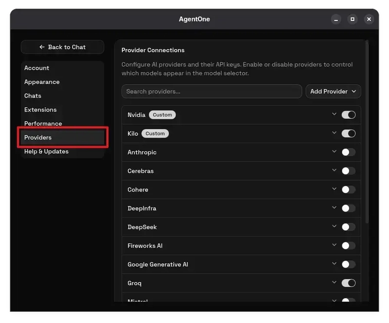 AgentOne provider settings