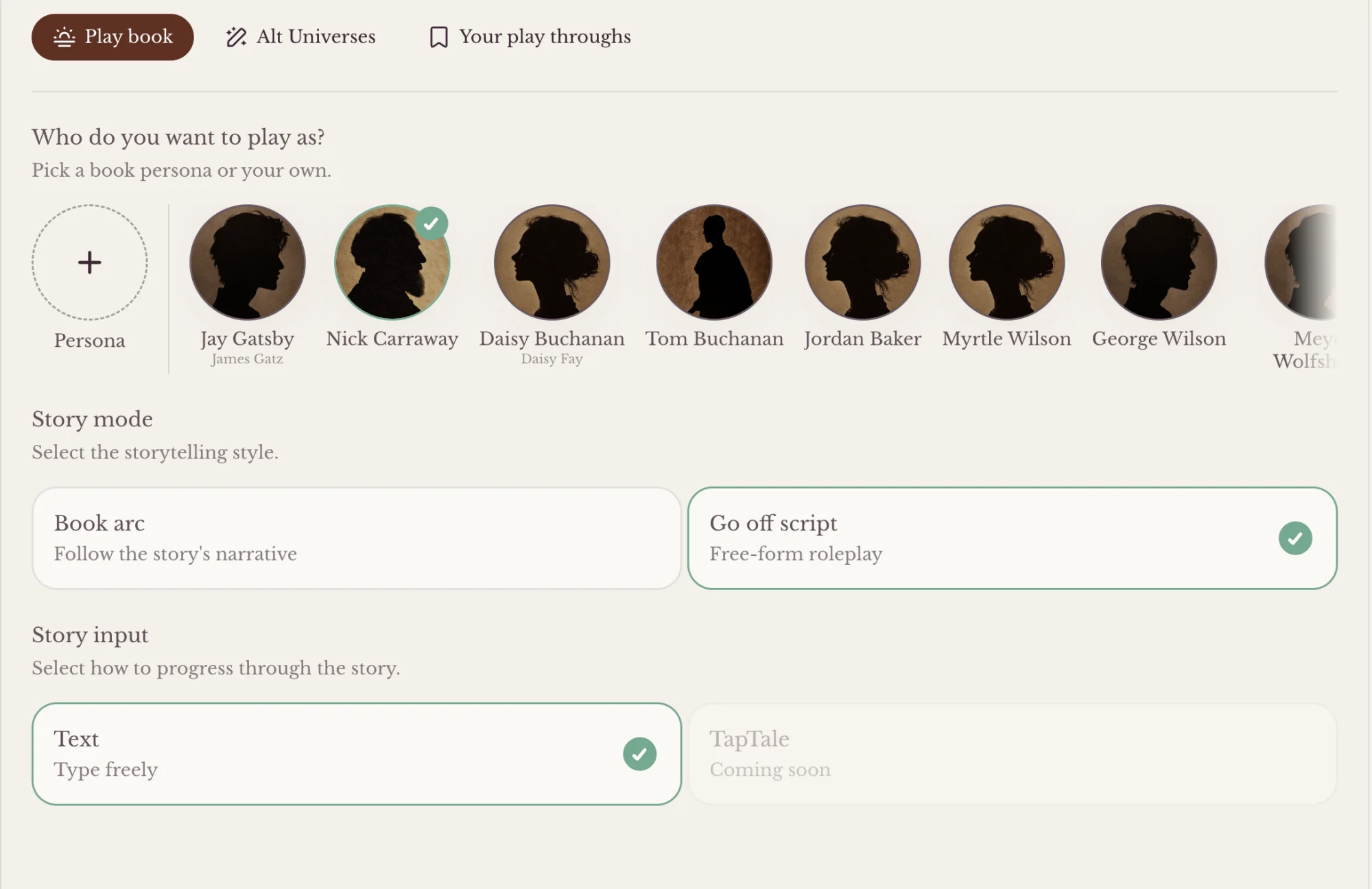 A screenshot of the Character.AI Books page for a GreatGatsby role play scenario. It shows a list of characters at the top and options to select "off script" role plays.