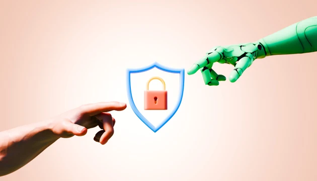 Human and Robotic Hands Reaching for Shield Icon Representing Artificial Intelligence Cybersecurity