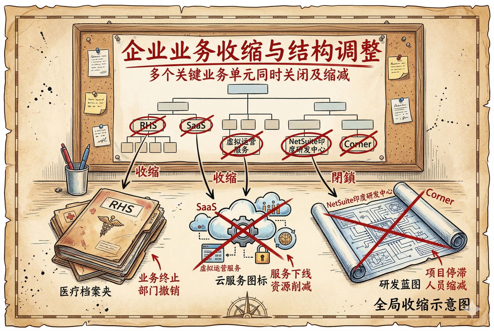 企业组织结构图被钉在公告板上,RHS、SaaS、虚拟运营服务、NetSuite印度研发中心、Corner等部门名称被红笔圈出并划掉,旁边放着医疗档案夹、云服务图标和研发蓝图,象征多个业务同时收缩,羊皮纸,钢笔彩色手绘的统一风格。