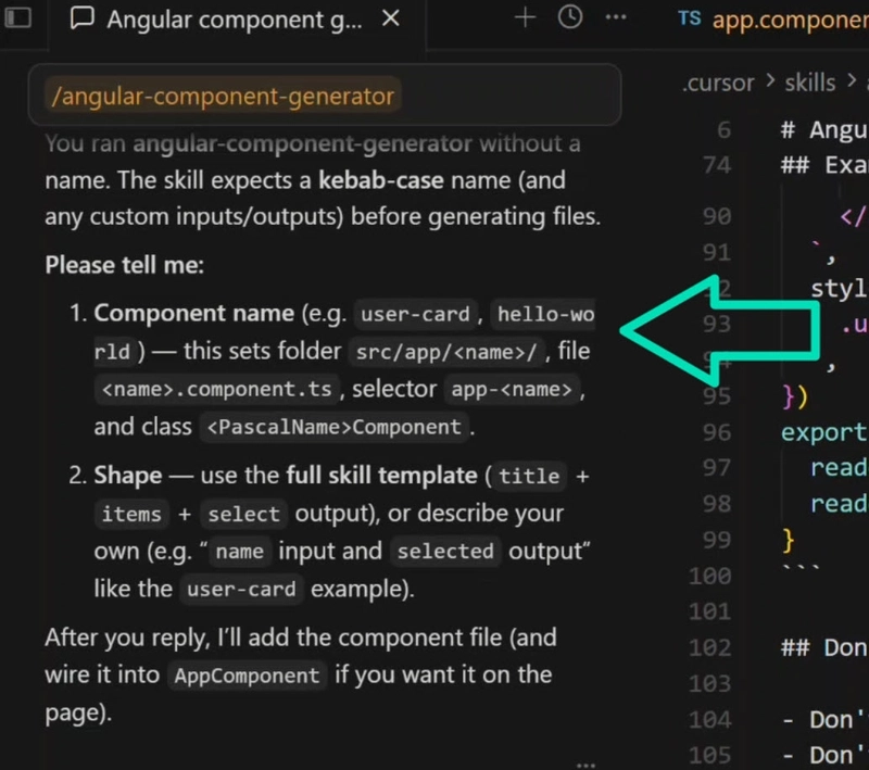 Cursor asking follow-up questions for the component name, inputs, and outputs.