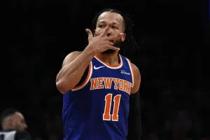 BOSTON, MA - FEBRUARY 8: Jalen Brunson #11 of the New York Knicks celebrates after hitting a three point shot against the Boston Celtics during the first quarter at TD Garden on February 8, 2026 in Boston, Massachusetts. NOTE TO USER: User expressly acknowledges and agrees that, by downloading and/or using this Photograph, user is consenting to the terms and conditions of the Getty Images License Agreement. (Photo By Winslow Townson/Getty Images)