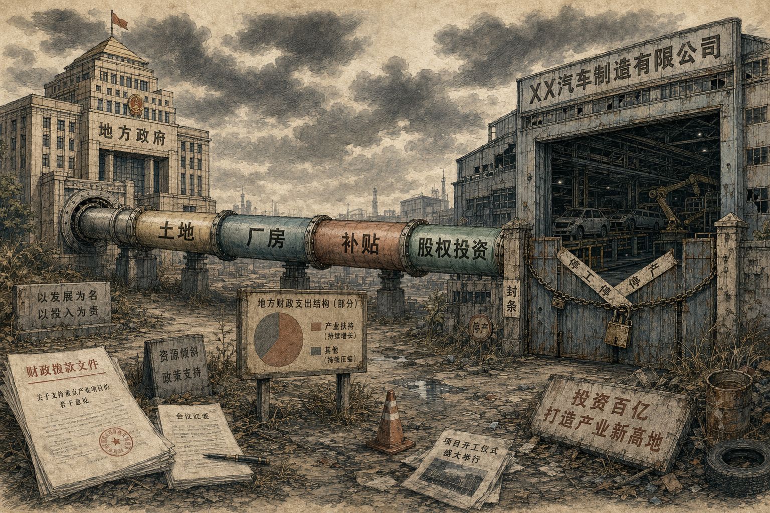 地方政府办公楼与汽车工厂通过一条长长的资金管道相连,管道上标着土地、厂房、补贴、股权投资,尽头却是停摆的生产线和锁住的大门,羊皮纸,钢笔彩色手绘的统一风格。