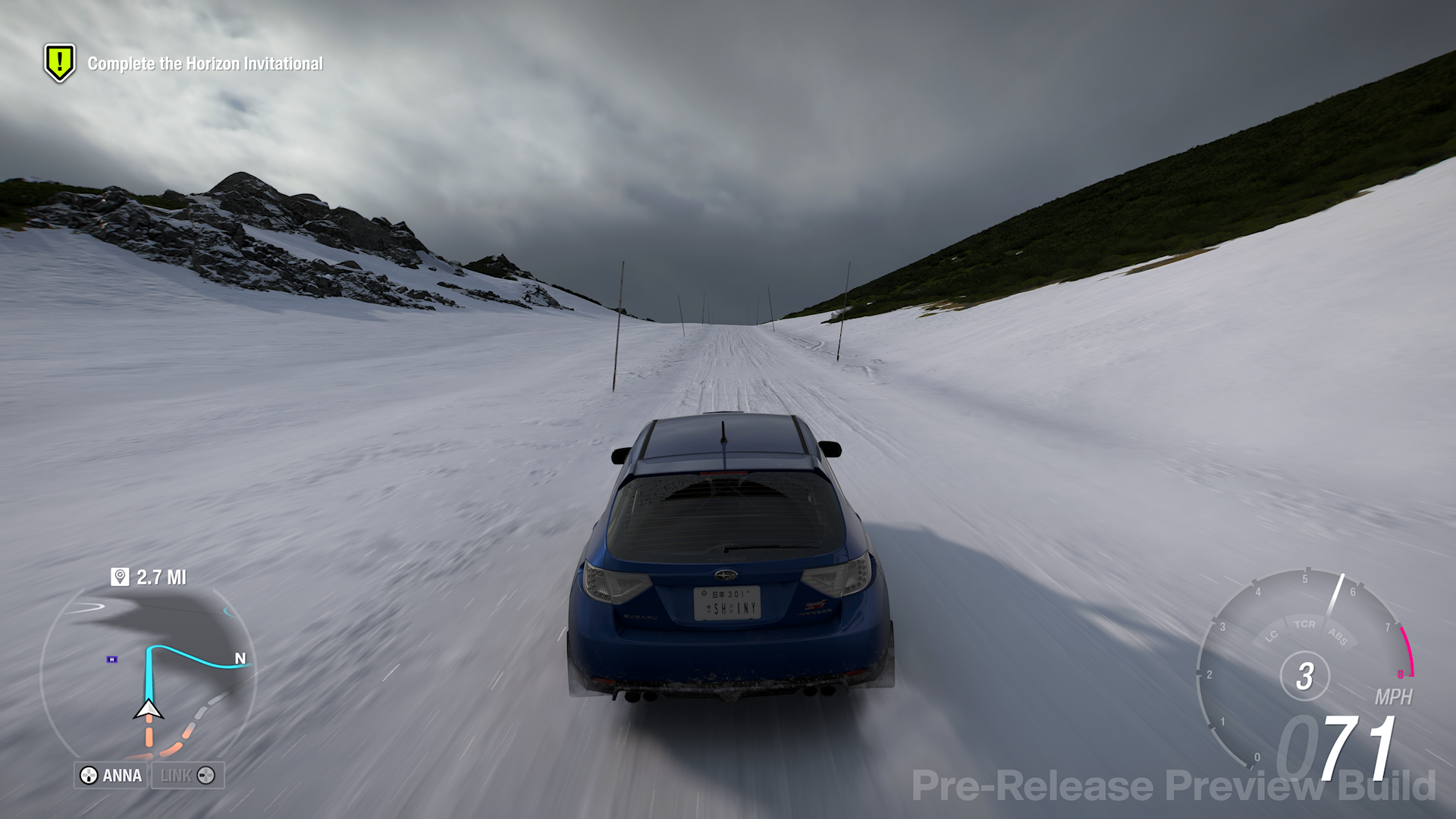 Driving a Subaru Impreza WRX through the snow in the Forza Horizon 6 preview build.