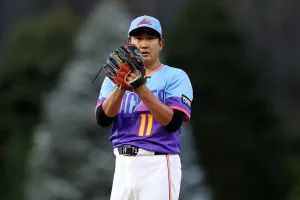 DENVER, COLORADO - APRIL 17: Starting pitcher Tomoyuki Sugano of the Colorado Rockies throws against the Los Angeles Dodgers during the first inning at Coors Field on April 17, 2026 in Denver, Colorado. (Photo by Matthew Stockman/Getty Images)