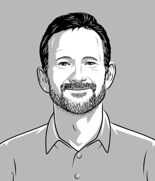 A black and white sketch of a man with a beard wearing a button up shirt