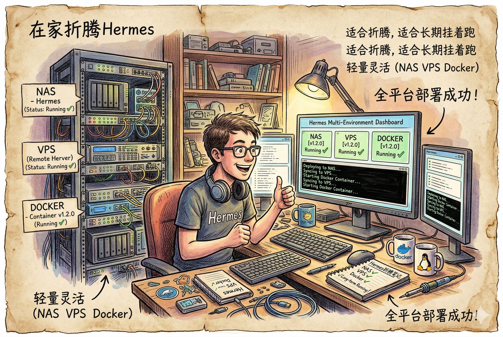 一位技术爱好者在家中机柜前,把 Hermes 部署到 NAS、VPS 和 Docker 容器里,屏幕上多台服务器同时点亮,人物神情轻松兴奋,体现“轻量、适合折腾、适合长期挂着跑”,羊皮纸,钢笔彩色手绘的统一风格。