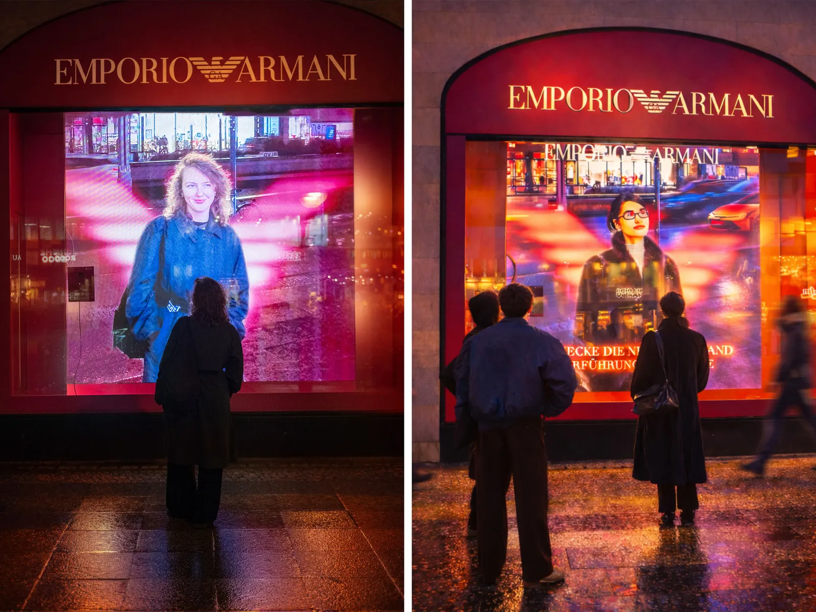 Fffaces smart window display screens visualize passersby at Armani in Berlin.