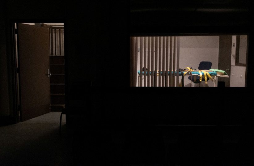A gurney inside the lethal injection chamber seen from the witness viewing room at Washington State Penitentiary in Walla Walla, Washington, US, September 6, 2024.