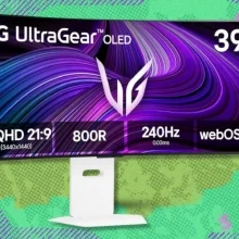 39-inch LG UltraGear OLED curved gaming monitor (39GX90SA-W model) on a green and purple background background