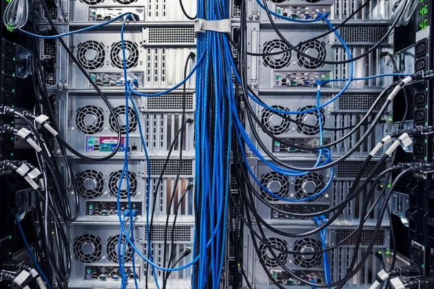 Blue and black cords connected to server