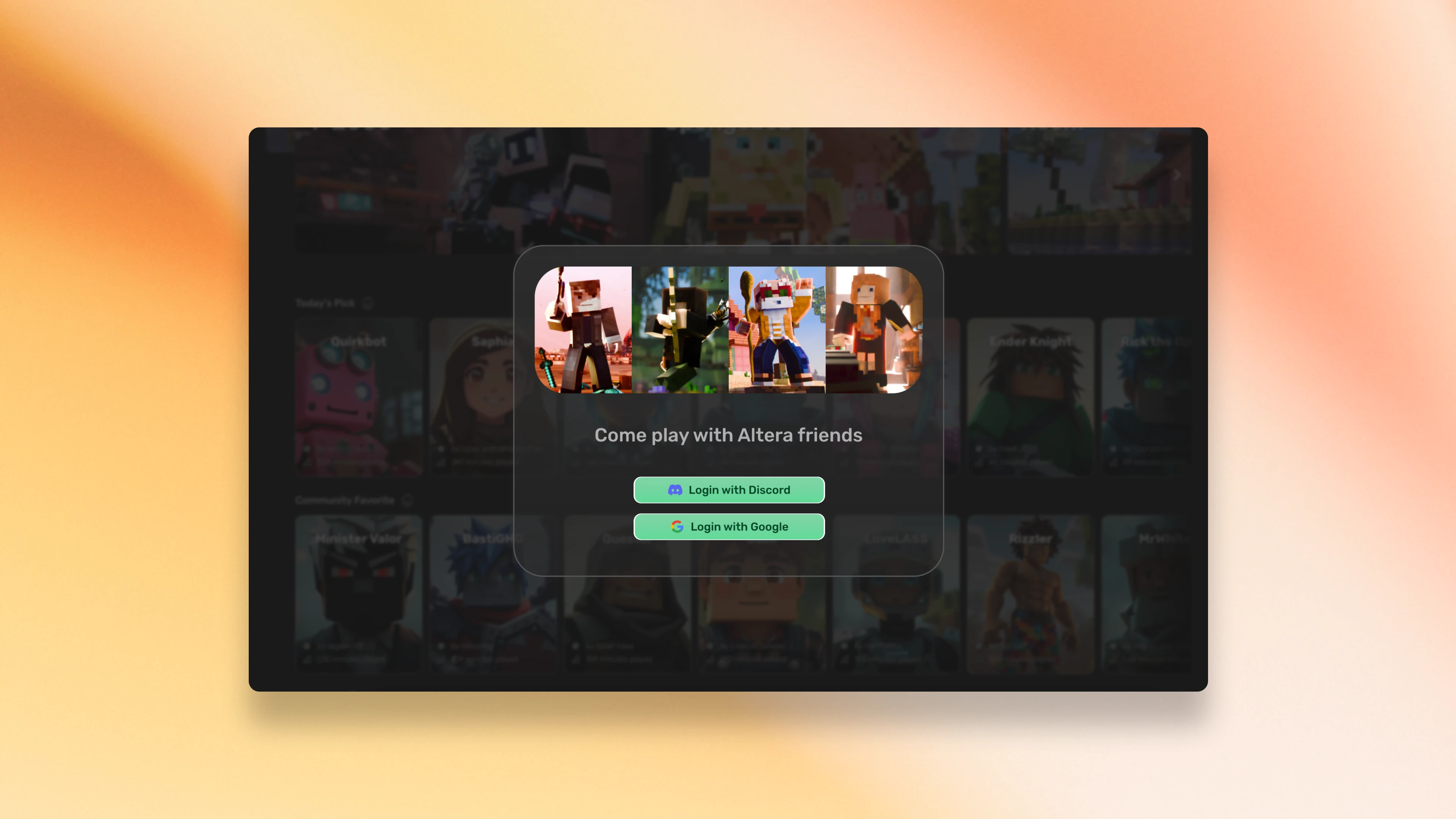 The image invites users to "Come play with Altera friends," showing block-style characters and offering login options with Discord and Google. The background features blurred game titles.