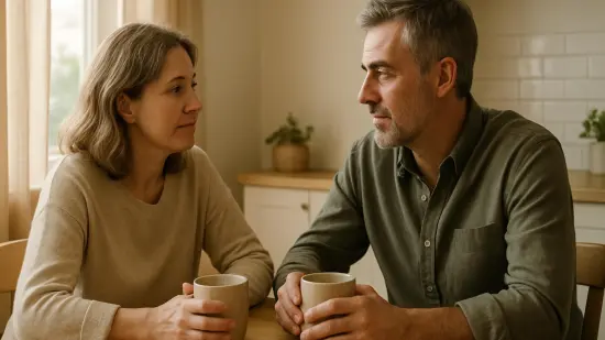 Una pareja conversa tranquilamente en la mesa de la cocina con dos tazas de café.