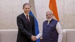 Prime Minister Narendra Modi with Russian First Deputy Chairman Denis Manturov during a meeting in New Delhi on Thursday