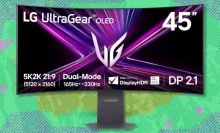 The LG OLED curved 45-inch UltraGear gaming monitor on a green and purple background