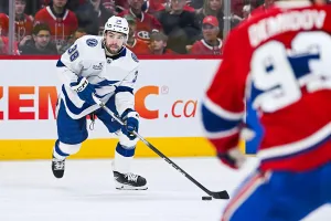 MONTREAL, QC - APRIL 24: Tampa Bay Lightning left wing Brandon Hagel (38) plays the puck during game three of the NHL Stanley Cup Playoffs First Round between the Tampa Bay Lightning and the Montreal Canadiens game on April 24, 2026, at Bell Centre in Montreal, QC (Photo by David Kirouac/Icon Sportswire via Getty Images)