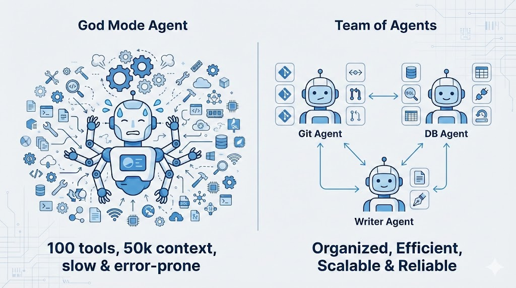 Multi-Agent Architecture Diagram: Showing the comparison between God Mode Agent (single all-capable agent) and Team of Agents (specialized division of labor team)