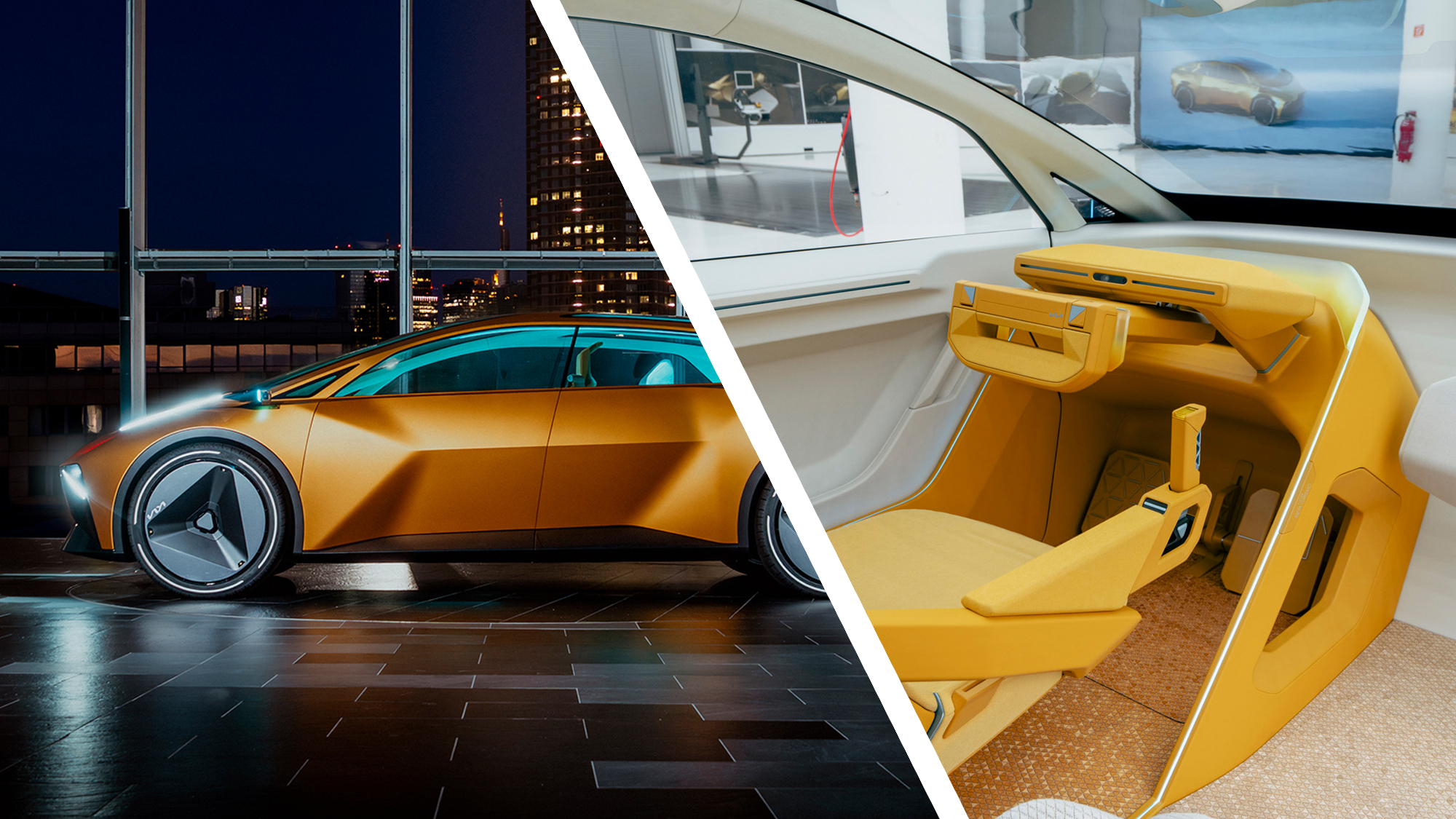 The exterior of the Kia Vision Meta Turismo concept car next to an interior shot of the driver's seat