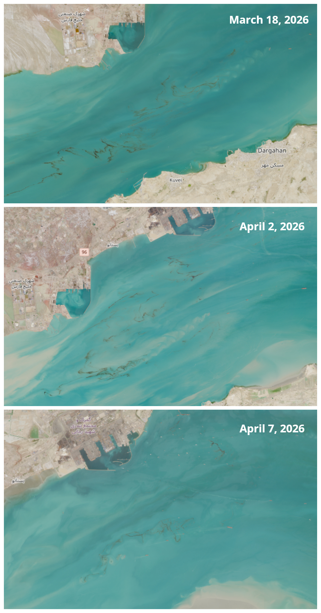 Three satellite images show oil spills in the Strait of Hormuz March 18, April 2 and April 7, 2026.