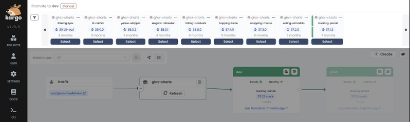Kargo UI showing available Traefik Helm chart versions ready to promote
