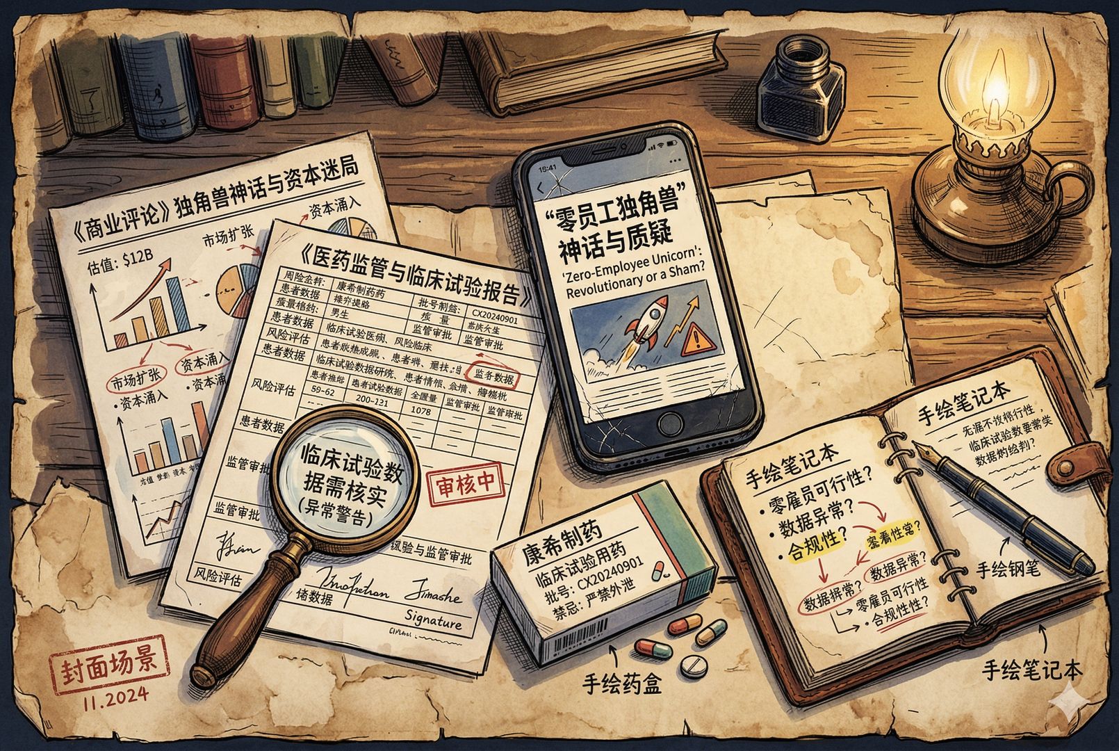 昏黄书桌上摊开的商业报道与医疗表单,一部手机显示“零员工独角兽”新闻标题,旁边放着药盒、笔记本电脑和放大镜,营造出创业神话与监管疑云并存的封面场景,羊皮纸,钢笔彩色手绘的统一风格。