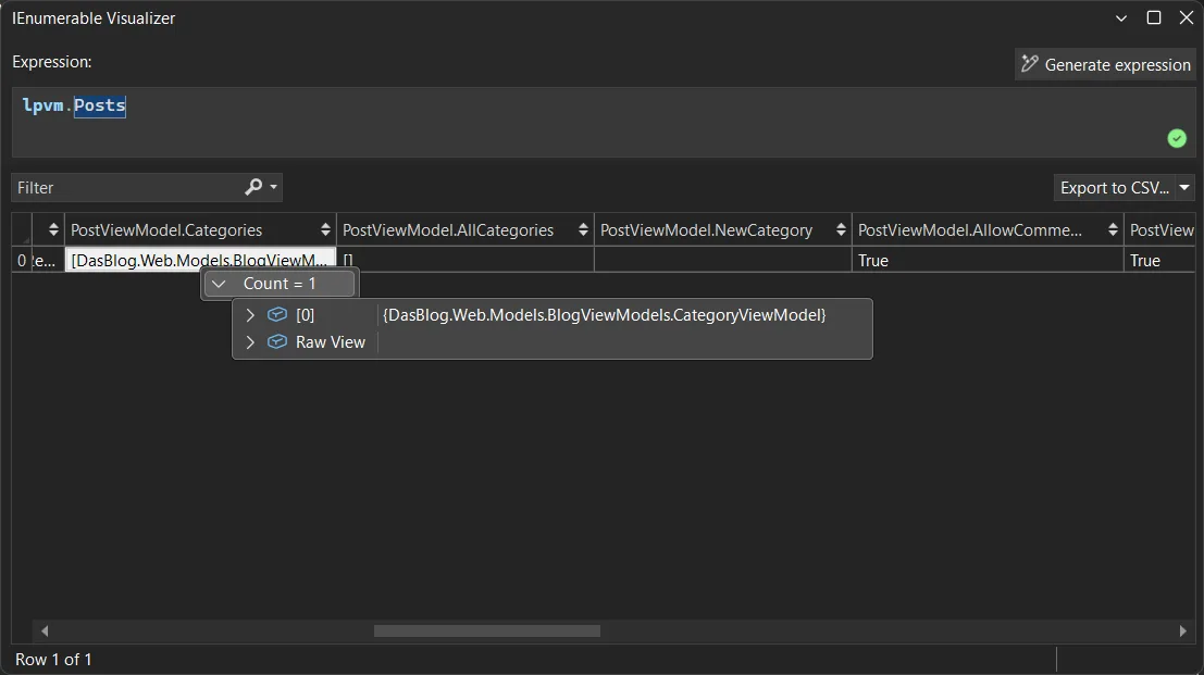 Visual Studio IEnumerable Visualizer showing the expression lpvm.Posts. A table displays one row with columns for PostViewModel properties, including Categories with a count of one, AllCategories, NewCategory, and AllowComments set to True. A tooltip shows a CategoryViewModel object with an option to view raw data.